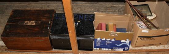 Tin box, another, sundries & books, riding crops etc.